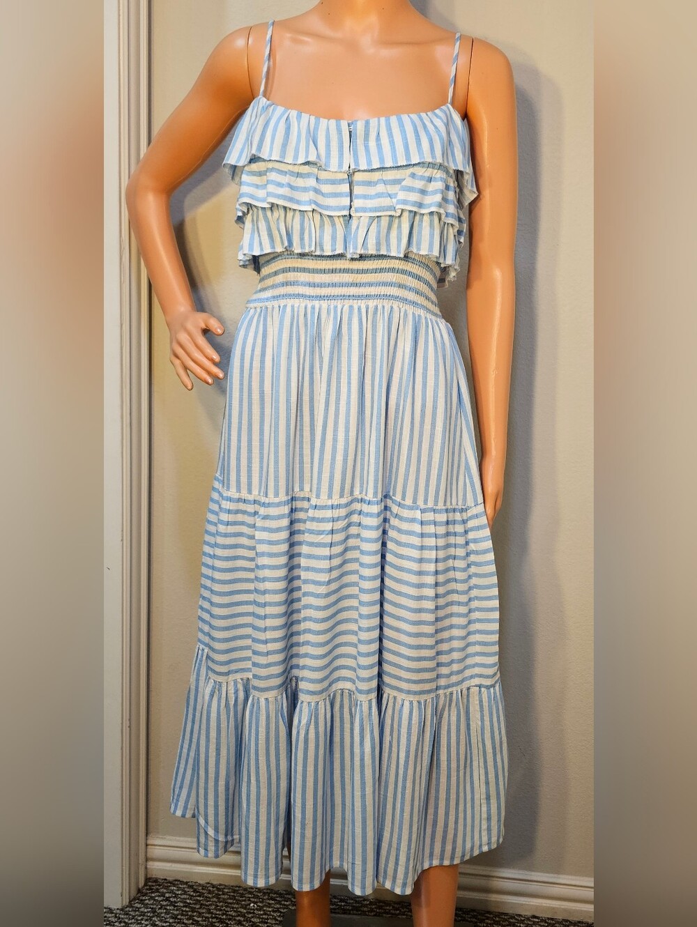 Aqua Striped Ruffle Midi Dress Large